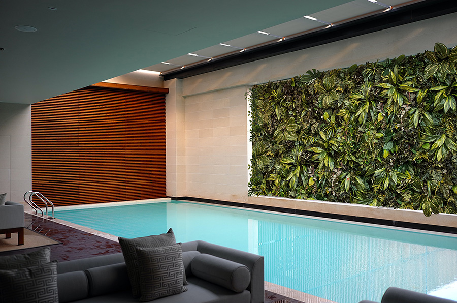 Ściana z roślin w pomieszczeniu z basenem