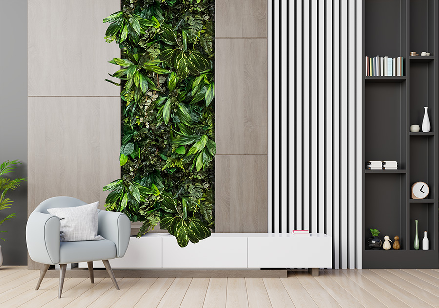 Ścianka z zielonych roślin w salonie